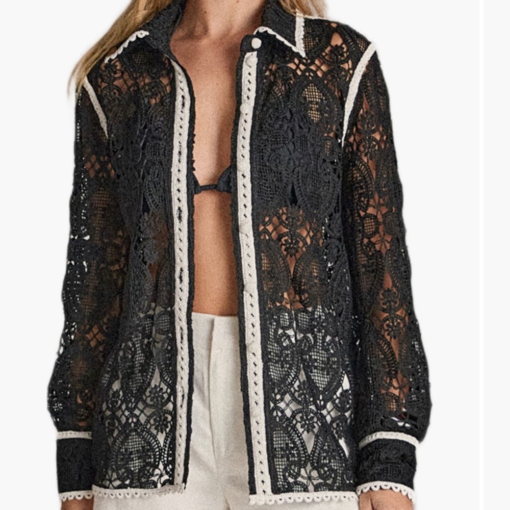 English Factory Black Crochet Jacket with Cream Trim